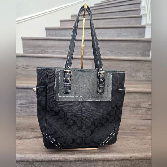 Coach Leatherware Signature Black Canvas Leather Trim Top Handle Tote Bag - Picture 2 of 11